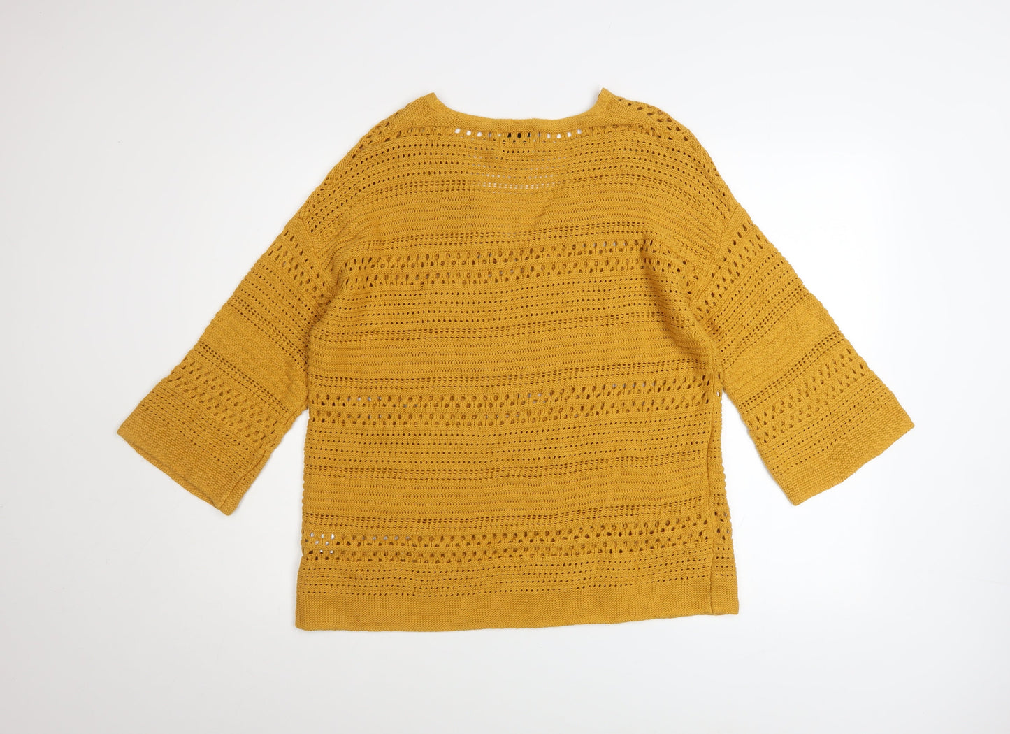 Papaya Women’s Yellow Open Knit Cotton Jumper V-Neck 3/4 Sleeve Medium