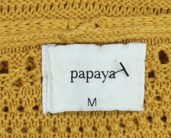 Papaya Women’s Yellow Open Knit Cotton Jumper V-Neck 3/4 Sleeve Medium