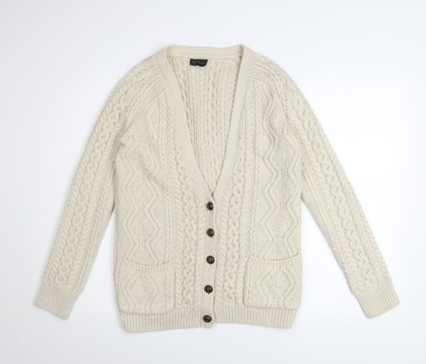 Topshop Women’s Ivory Cable Knit Cardigan UK 6 Long Sleeve V-Neck