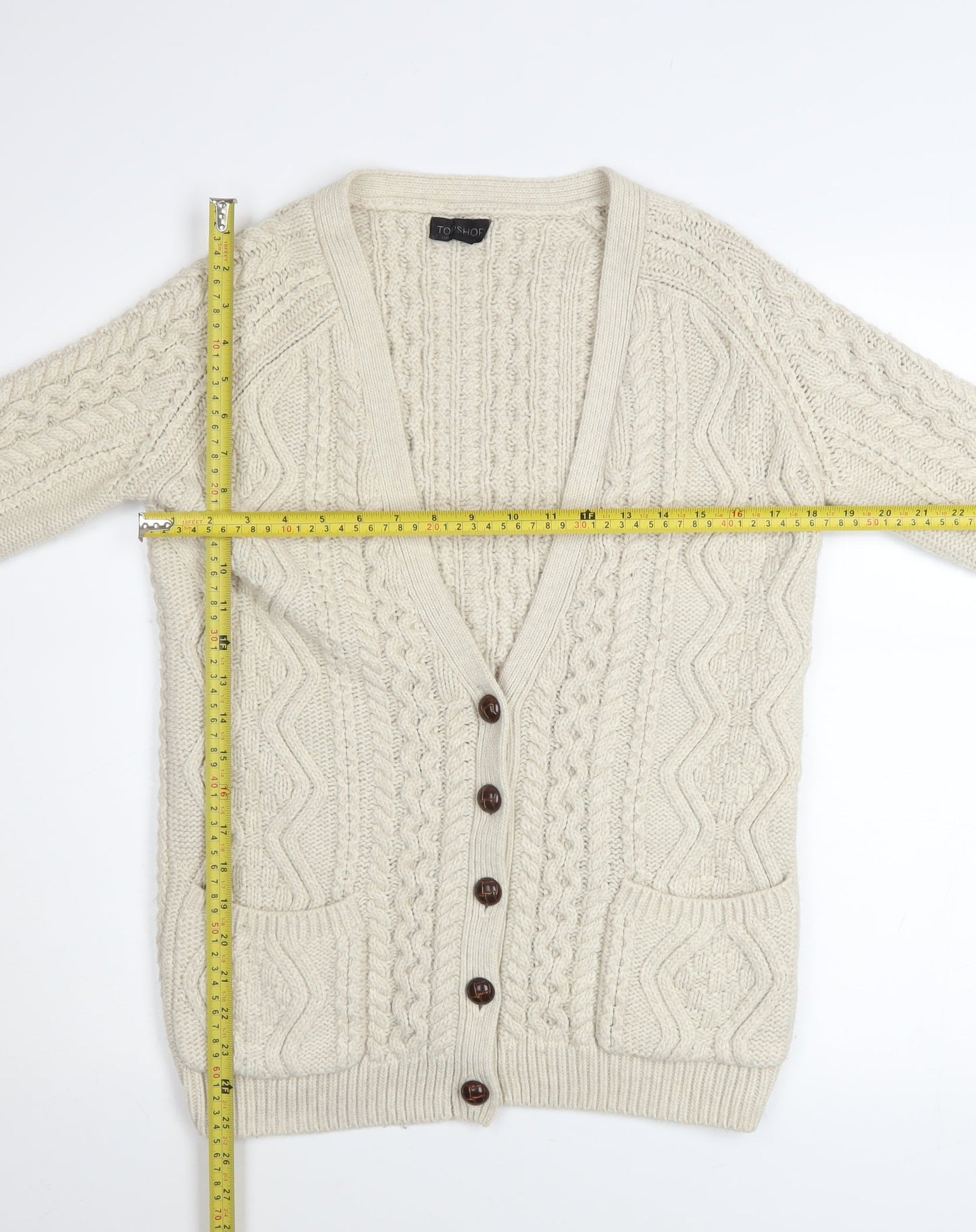 Topshop Women’s Ivory Cable Knit Cardigan UK 6 Long Sleeve V-Neck