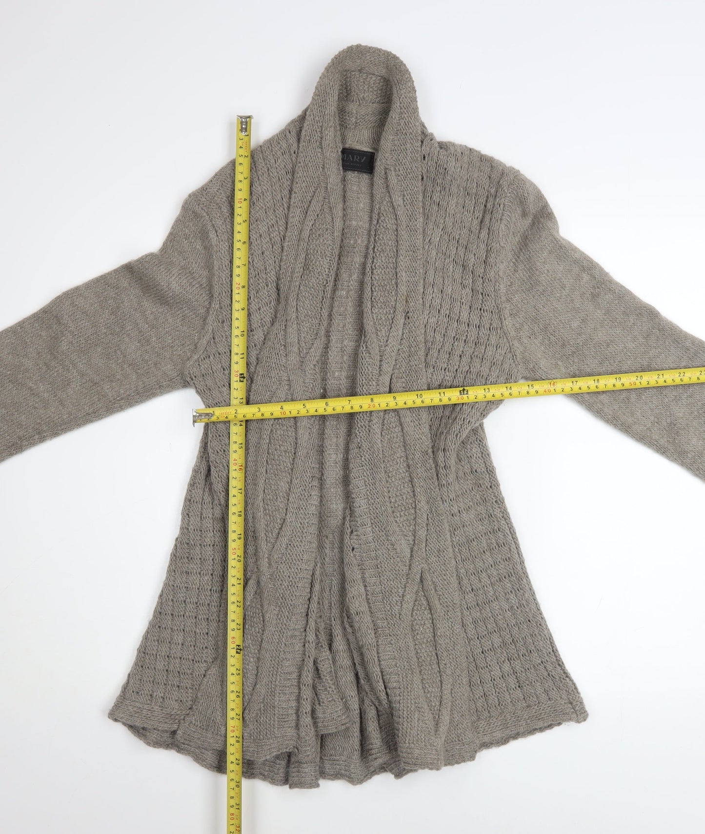 MARY Women Grey Cable Knit Open Cardigan L Alpaca Wool Blend