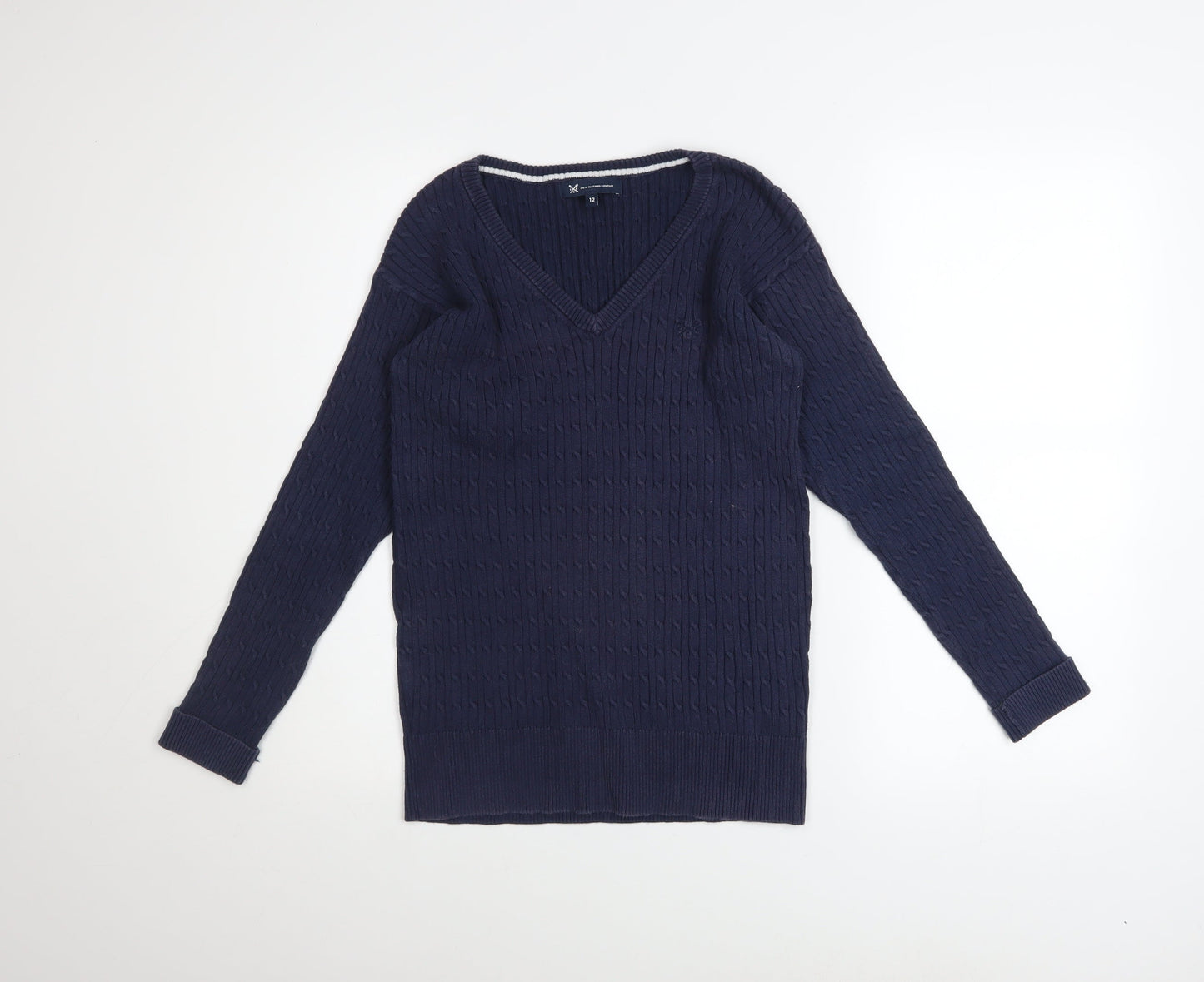 Crew Clothing Company Women's Blue Cotton V-Neck Cable Knit Jumper Size 12