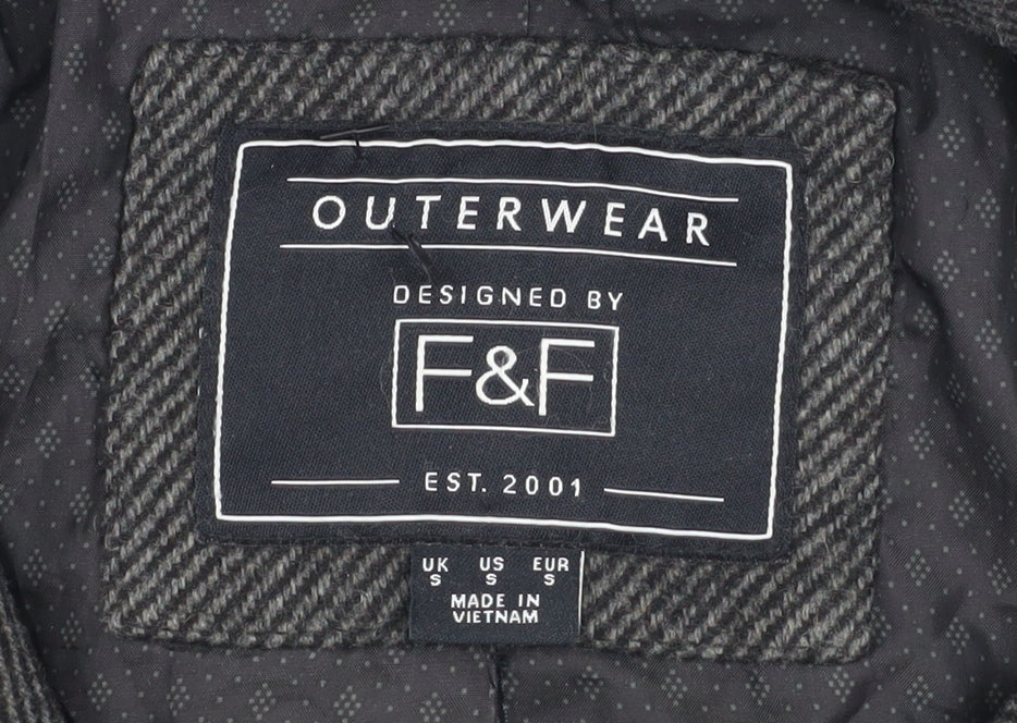 F&F Men’s Grey Herringbone Wool Blend Overcoat Size S