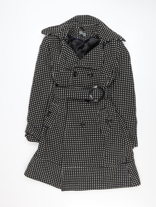 Et Vous Women's Black Check Trench Coat Size 12 Belted Wool Blend