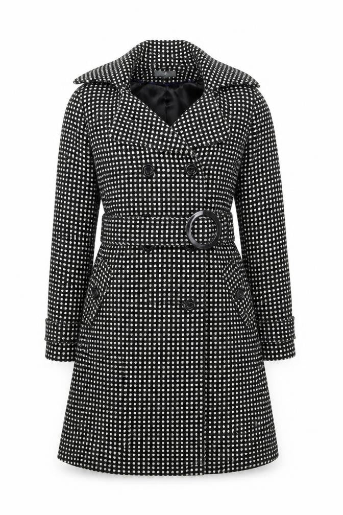 Et Vous Women's Black Check Trench Coat Size 12 Belted Wool Blend