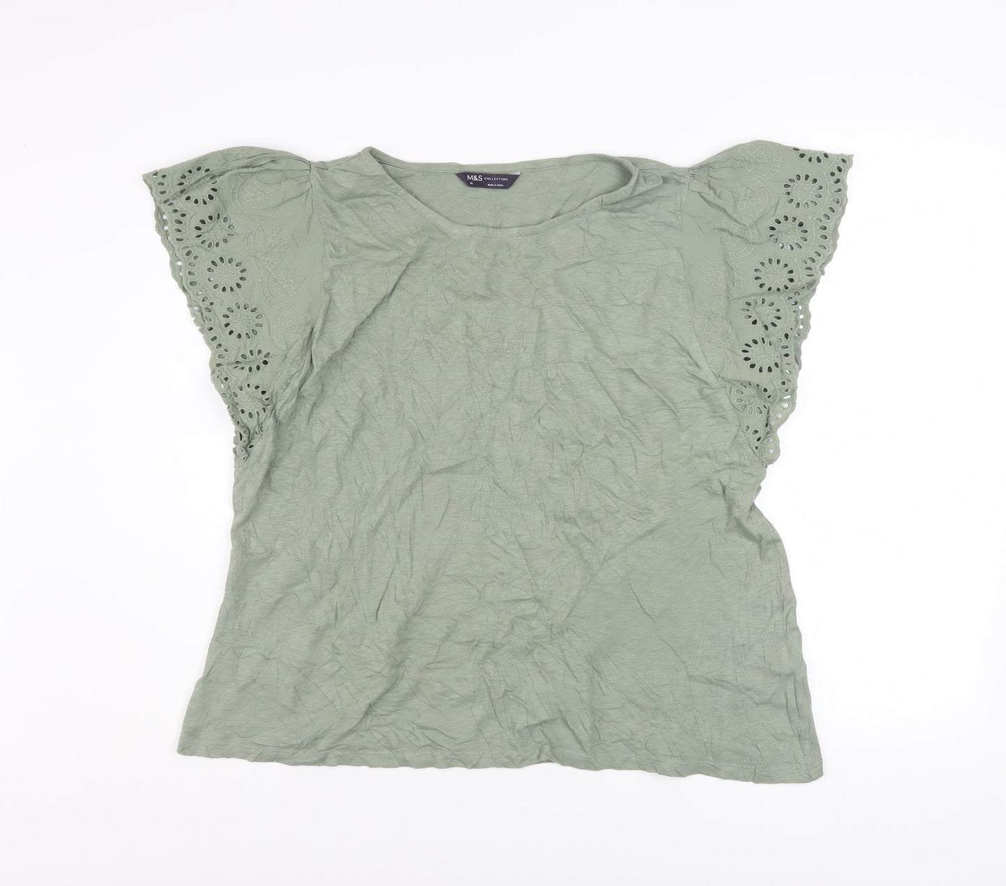 Marks and Spencer Women’s Green Embroidered Flutter Sleeve Cotton T-Shirt Size 16