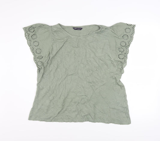 Marks and Spencer Women’s Green Embroidered Flutter Sleeve Cotton T-Shirt Size 16