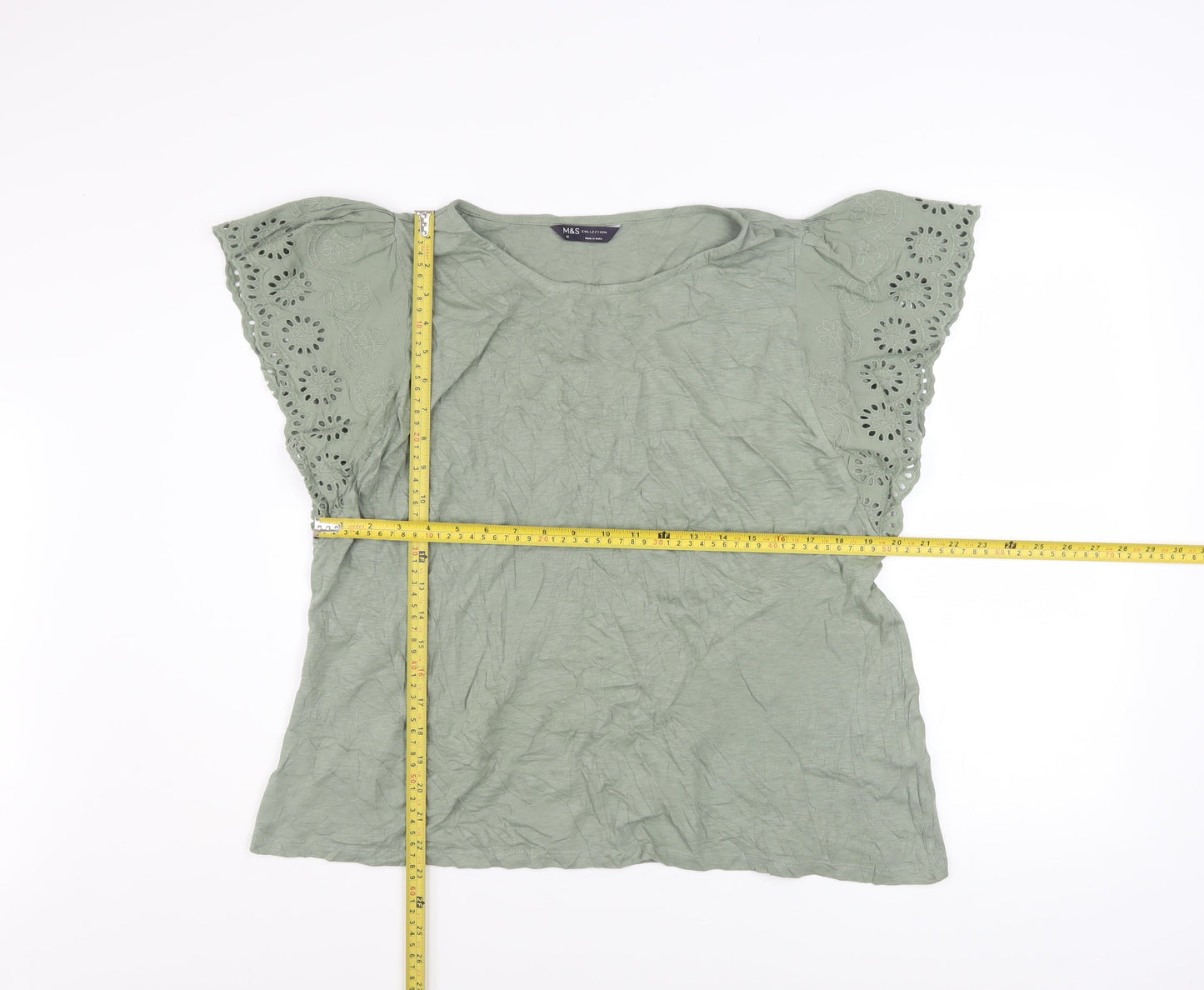 Marks and Spencer Women’s Green Embroidered Flutter Sleeve Cotton T-Shirt Size 16