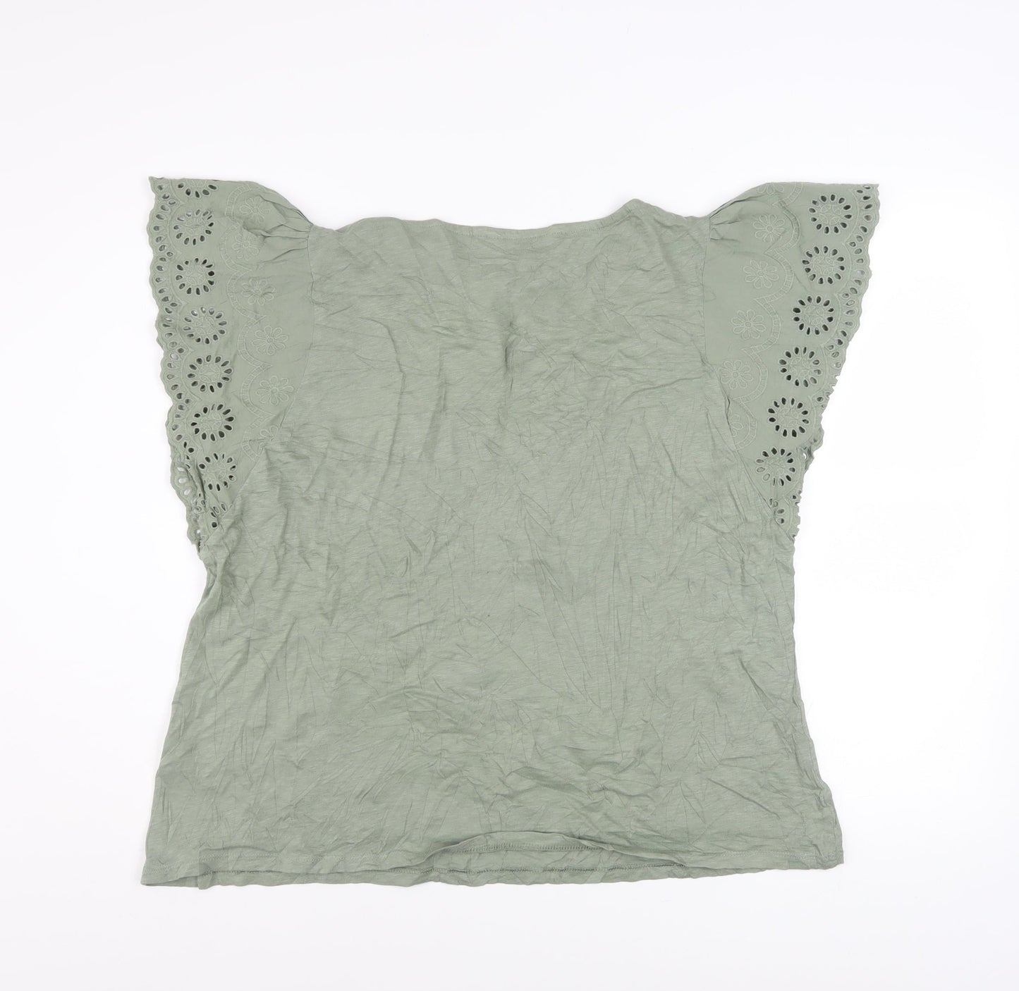 Marks and Spencer Women’s Green Embroidered Flutter Sleeve Cotton T-Shirt Size 16