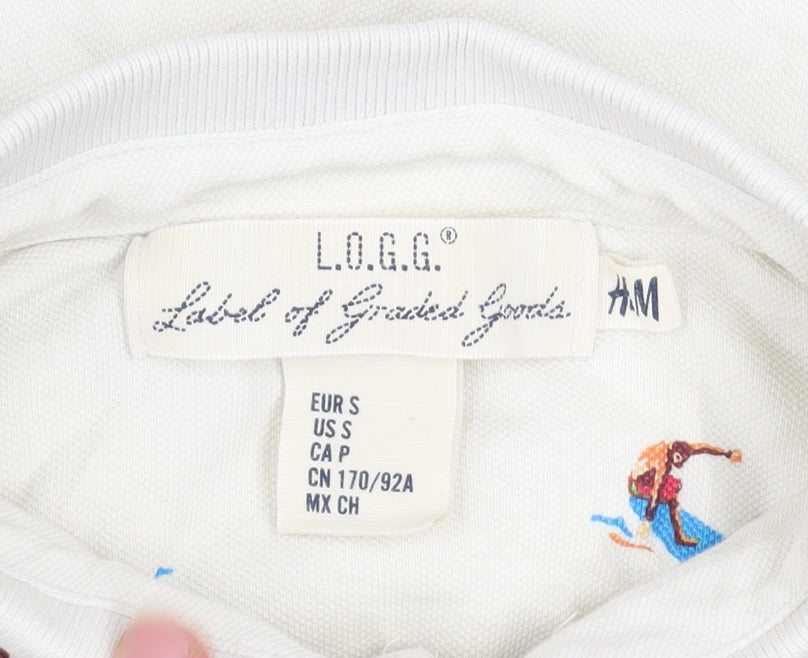 H&M L.O.G.G Men's Beige Surfer Print Cotton Polo Shirt Size S