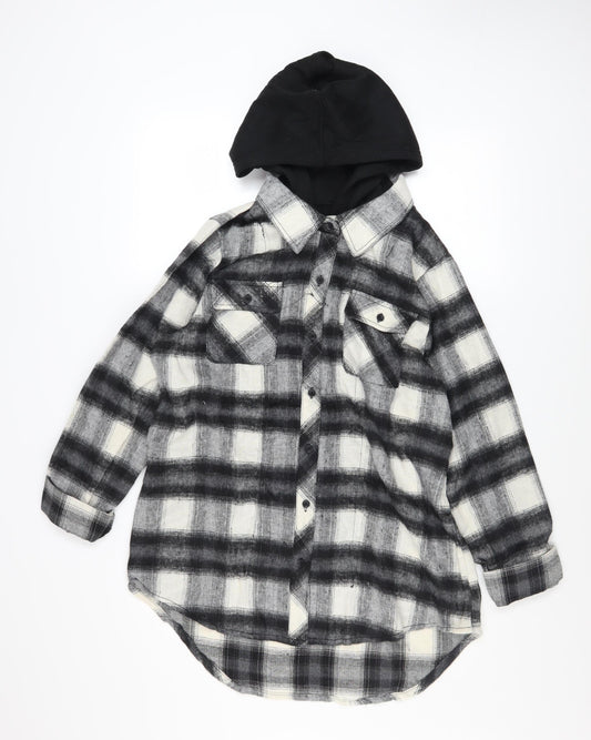 Ci Sono Women's Black & White Plaid Hooded Shacket XL Cotton Blend