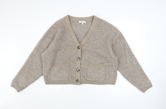 Marks and Spencer Women Beige L V-Neck Button Knit Cardigan Jumper