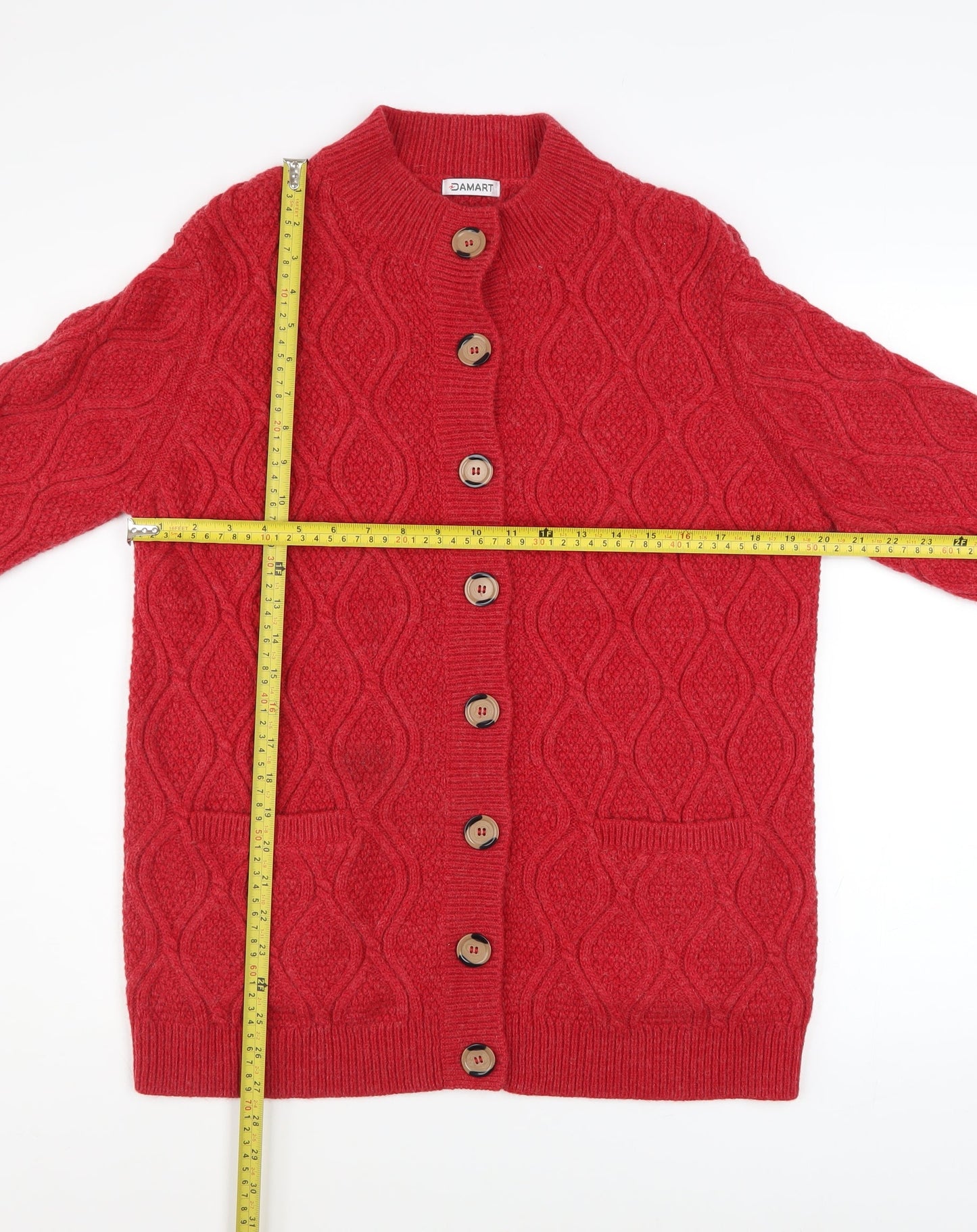 Damart Women Red Marl Cable-Knit Button Cardigan L Wool Blend
