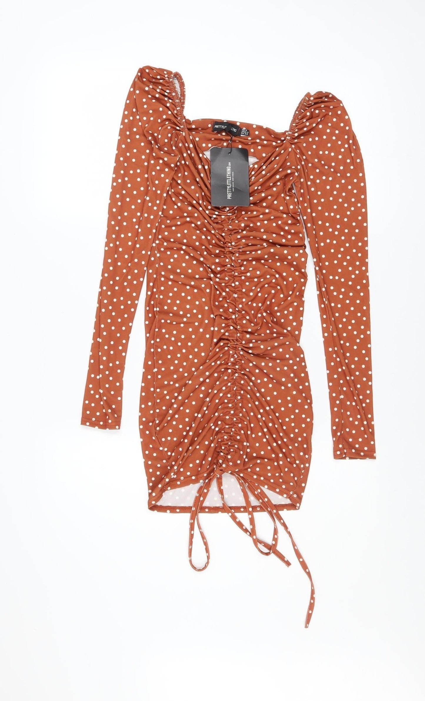 PrettyLittleThing Women Brown Polka Dot Bodycon Dress Size 6 Long Sleeve