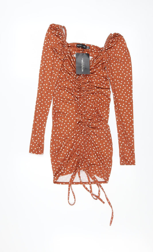 PrettyLittleThing Women Brown Polka Dot Bodycon Dress Size 6 Long Sleeve