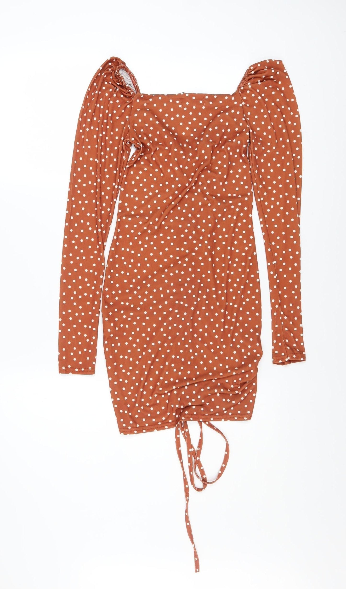 PrettyLittleThing Women Brown Polka Dot Bodycon Dress Size 6 Long Sleeve