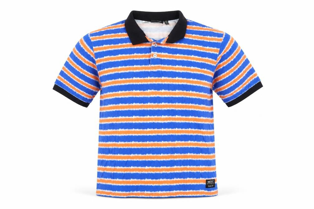 WESC Men's Blue Orange Striped Collared Polo Shirt XL Cotton