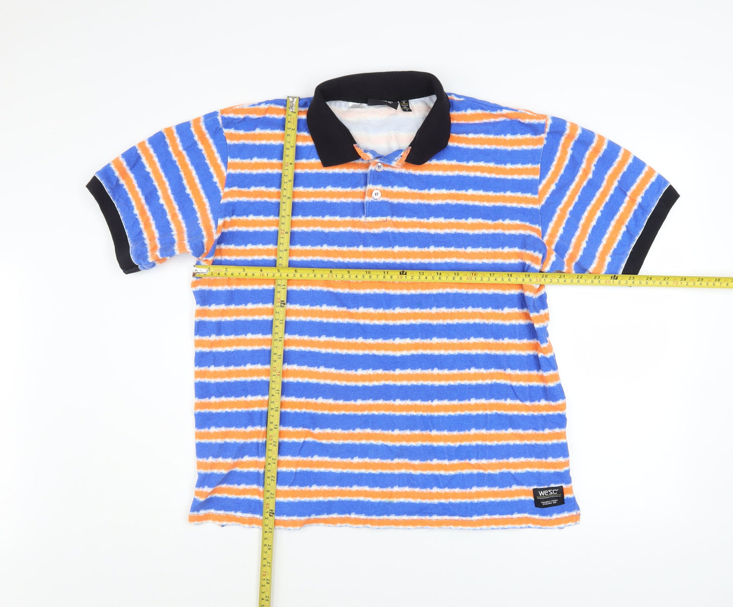 WESC Men's Blue Orange Striped Collared Polo Shirt XL Cotton