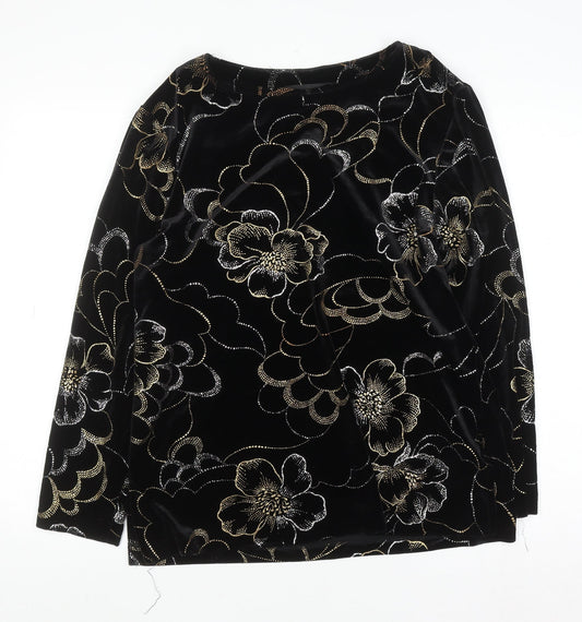 Briggs Womens Black Floral Velvet Tunic Blouse Petite M