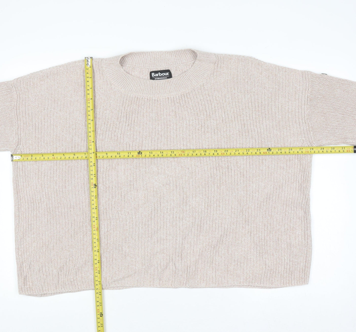 Barbour Women Beige Cotton Knit Jumper Size 14 Crew Neck Pullover