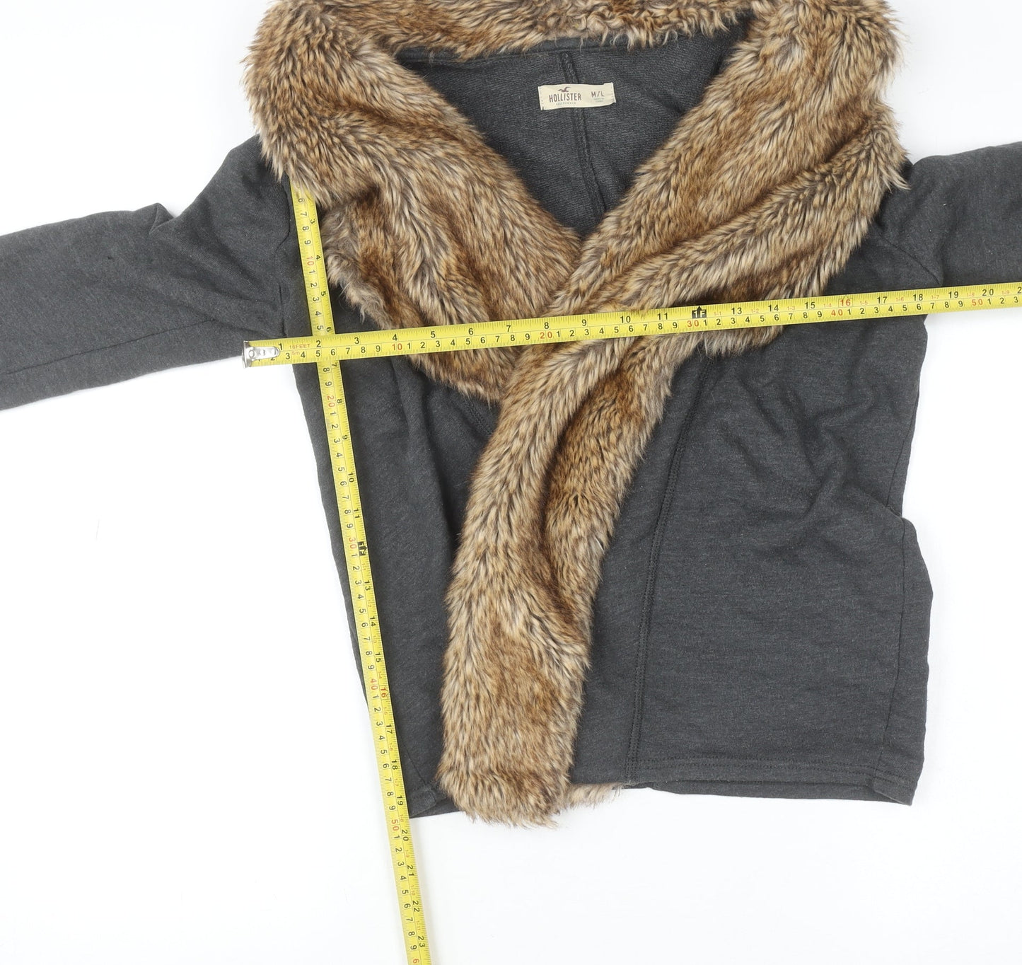 Hollister Women Grey Faux Fur Trim Cardigan M/L Winter Knitwear