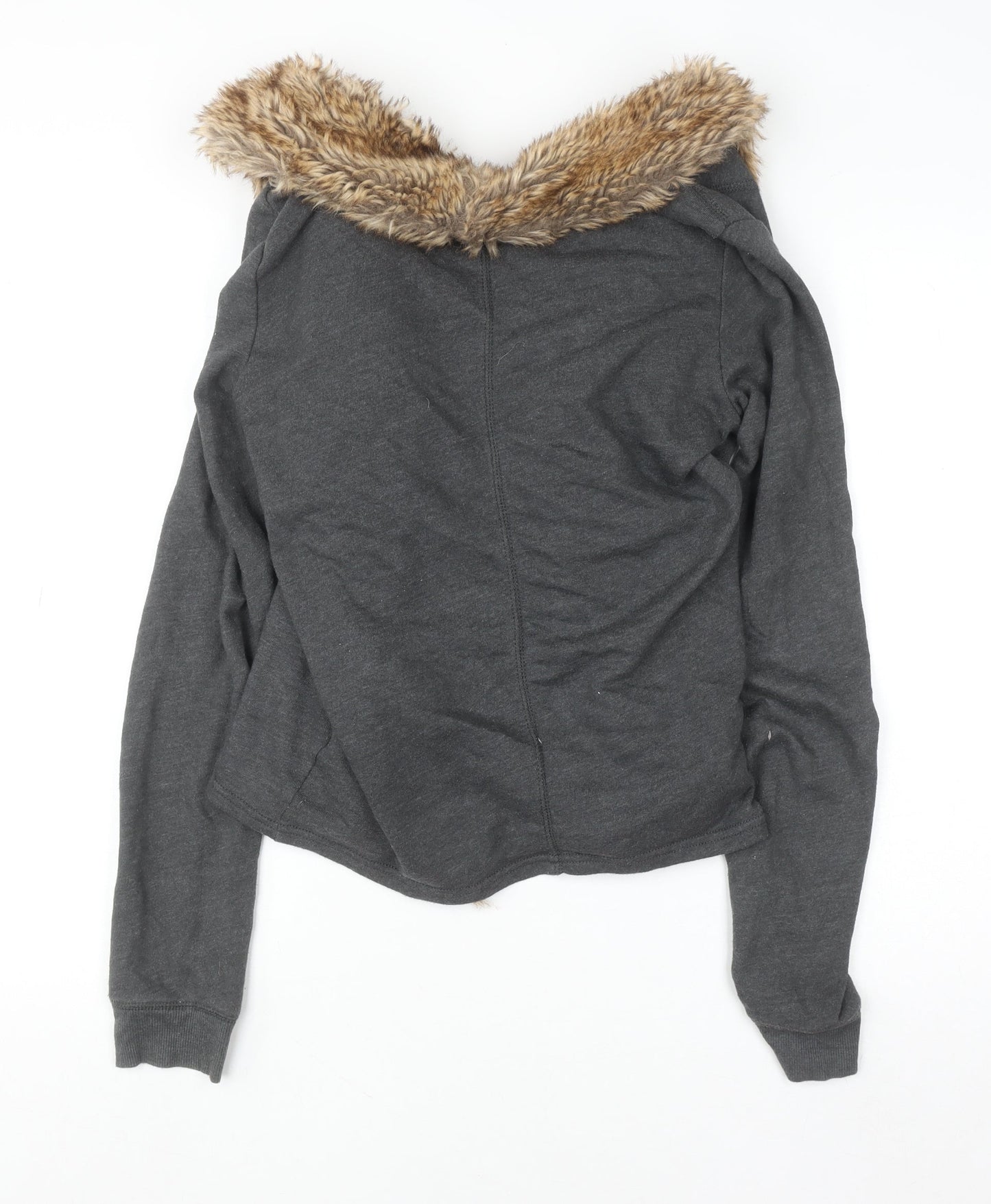 Hollister Women Grey Faux Fur Trim Cardigan M/L Winter Knitwear