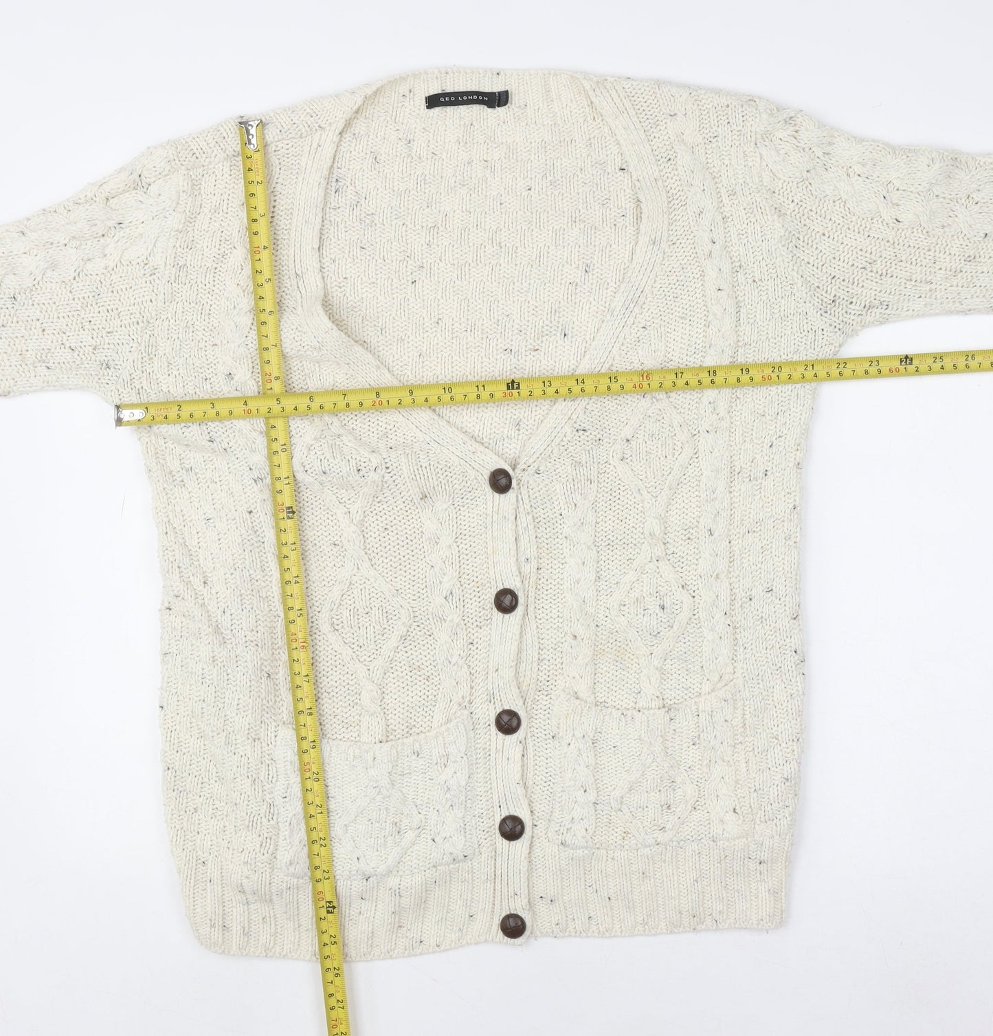 QED London Women’s Ivory Cable Knit Button Cardigan Size M