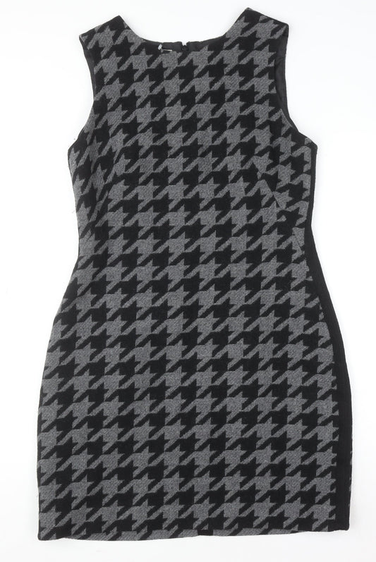 Hobbs Women Grey Houndstooth Sheath Dress UK 12 Sleeveless Workwear