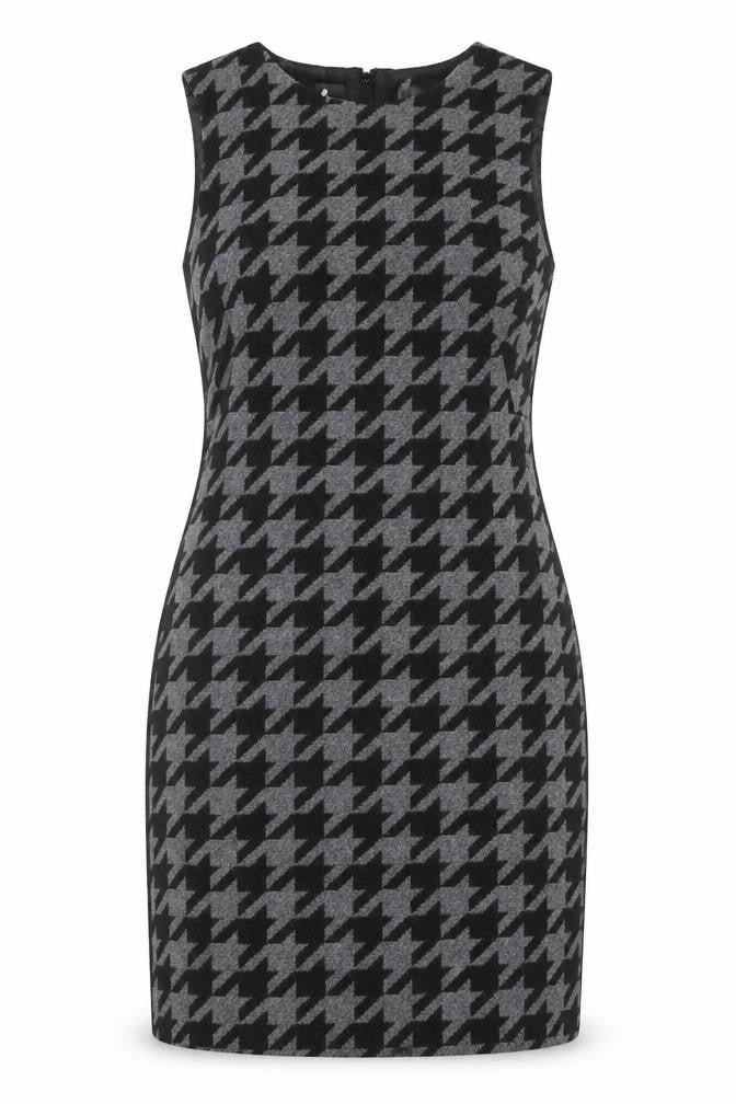 Hobbs Women Grey Houndstooth Sheath Dress UK 12 Sleeveless Workwear