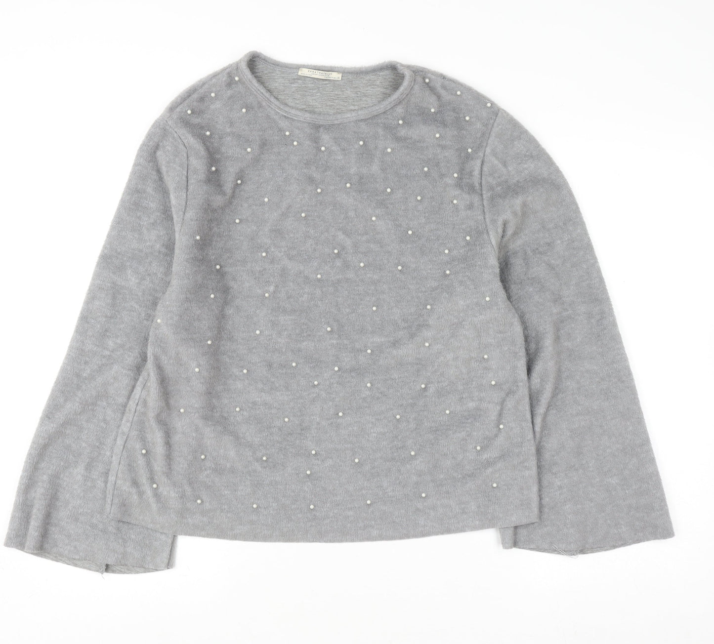 Zara Trafaluc Women's Grey Beaded Crew Neck Wool Blend Jumper Size M