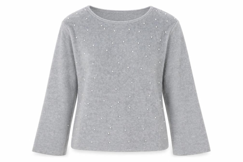 Zara Trafaluc Women's Grey Beaded Crew Neck Wool Blend Jumper Size M