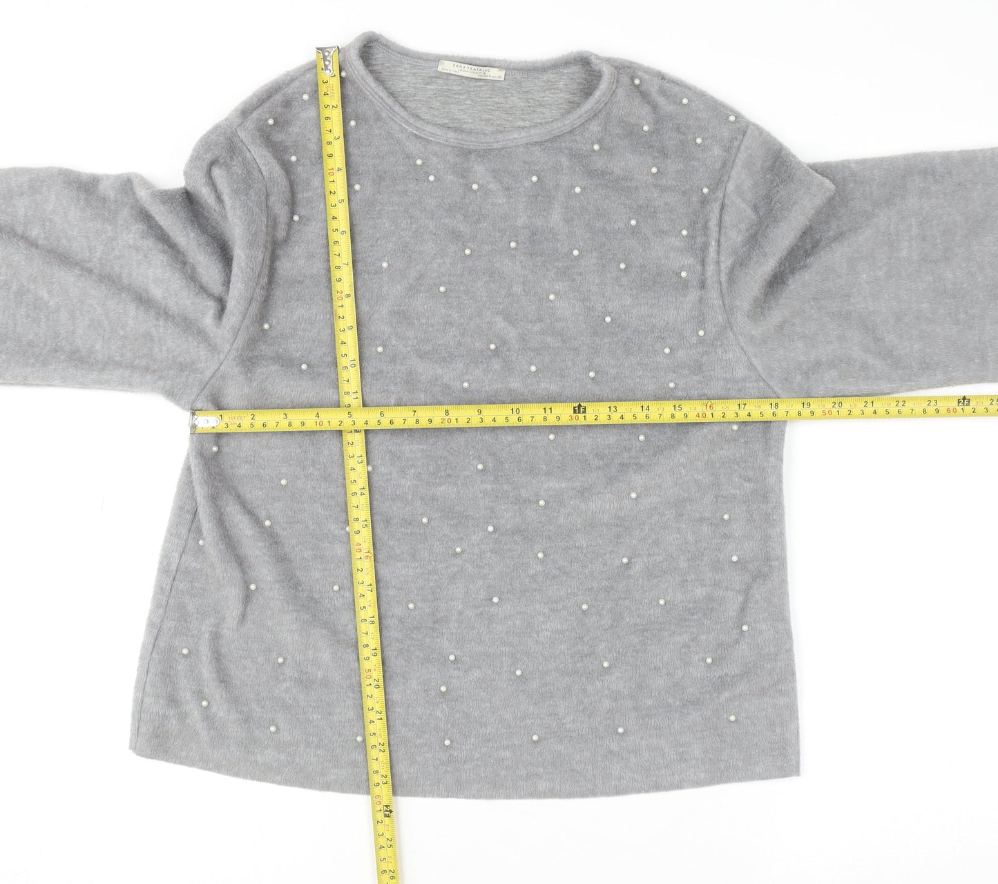 Zara Trafaluc Women's Grey Beaded Crew Neck Wool Blend Jumper Size M