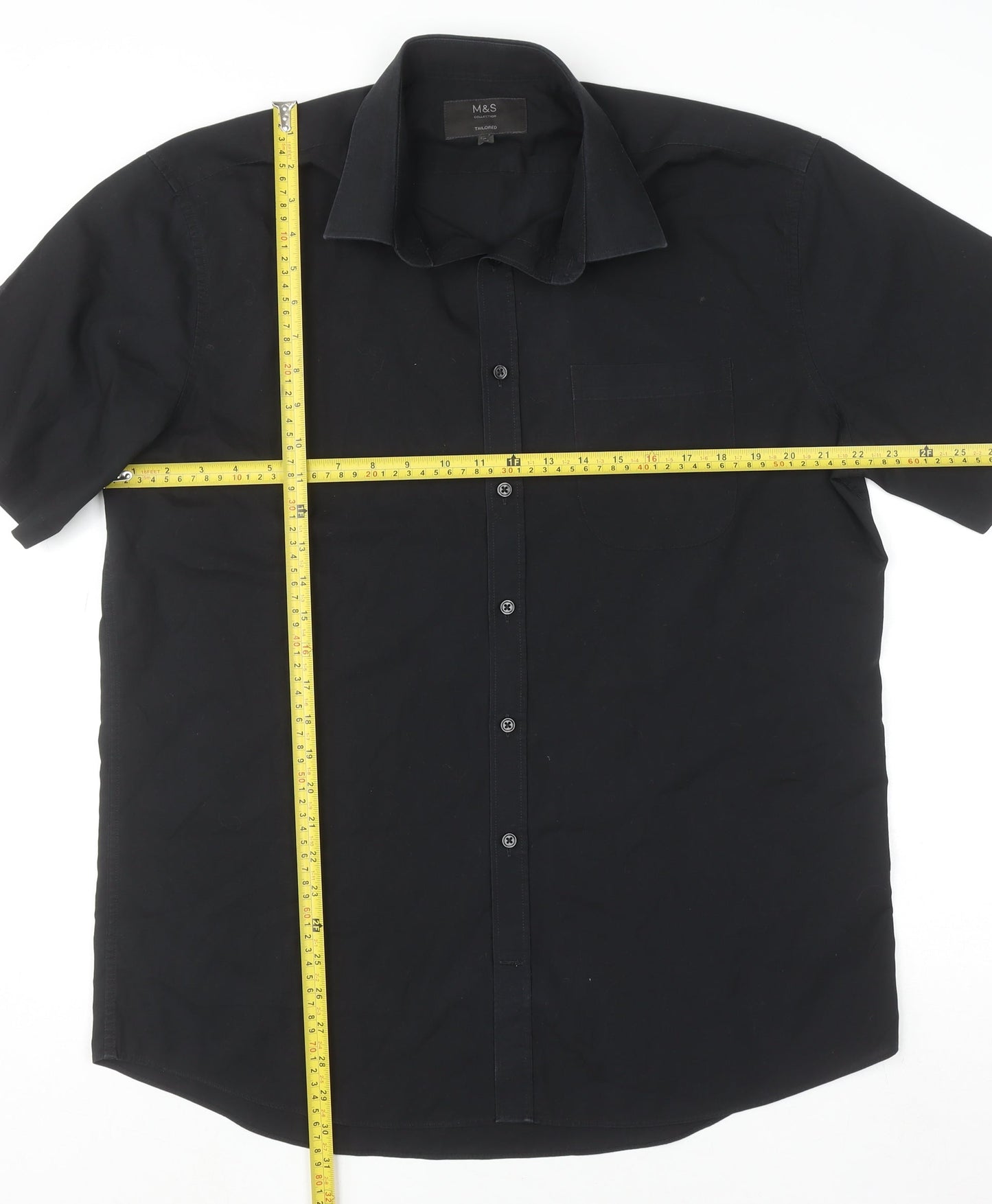 Marks and Spencer Men's Black Tailored Short Sleeve Button-Up Shirt 17/43