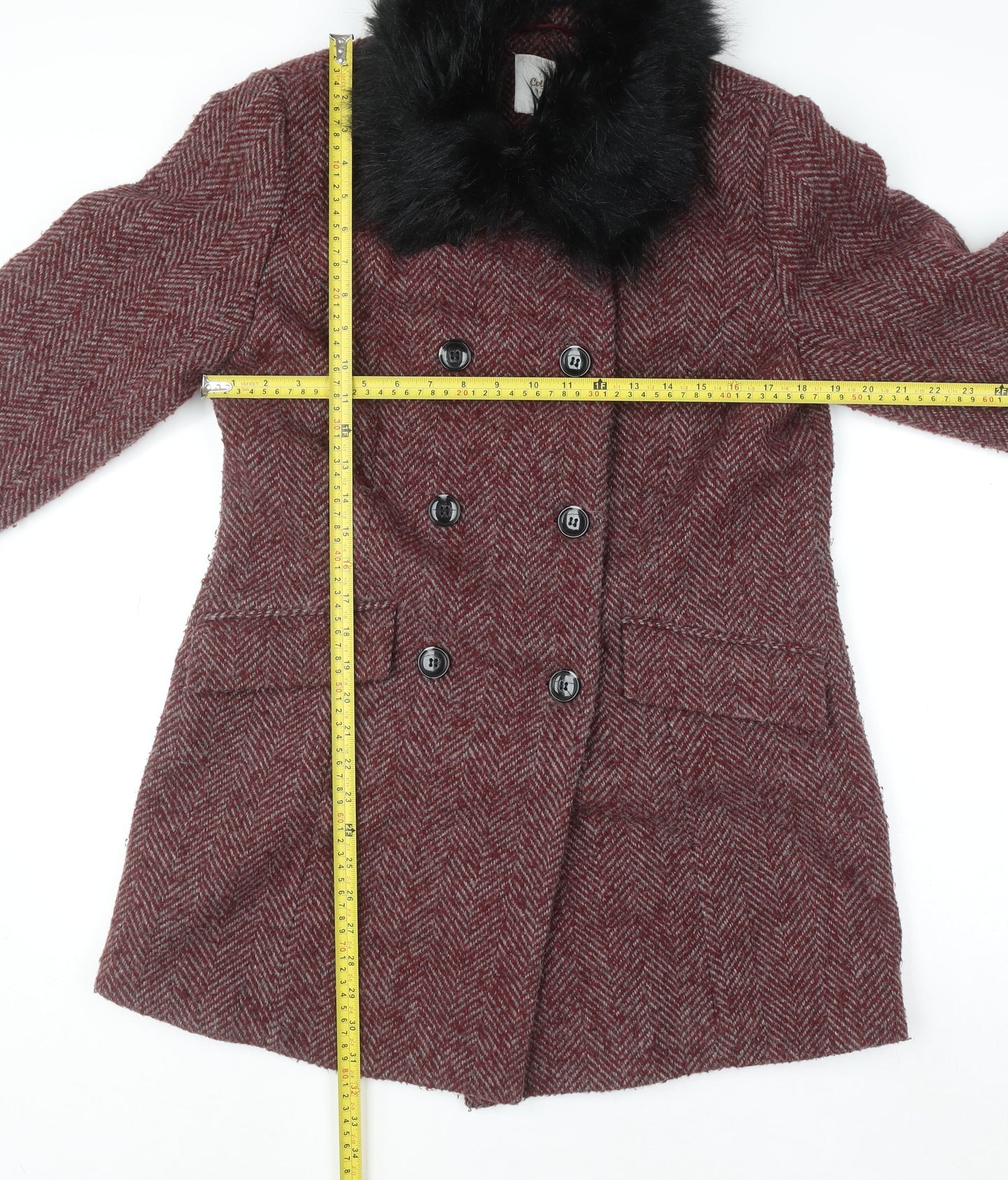 Cotton Traders Women Red Wool Mix Faux Fur Collar Pea Coat Size 12