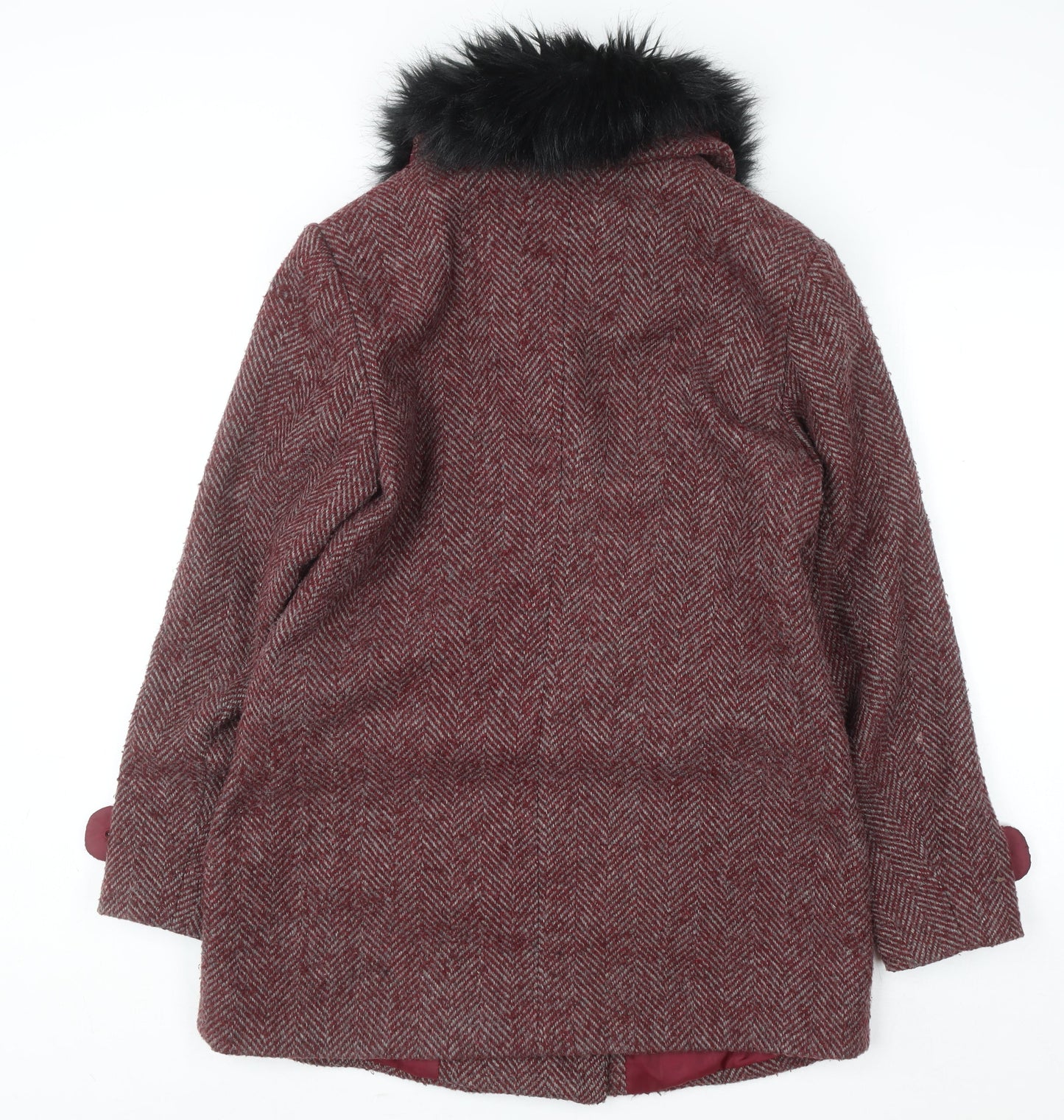 Cotton Traders Women Red Wool Mix Faux Fur Collar Pea Coat Size 12