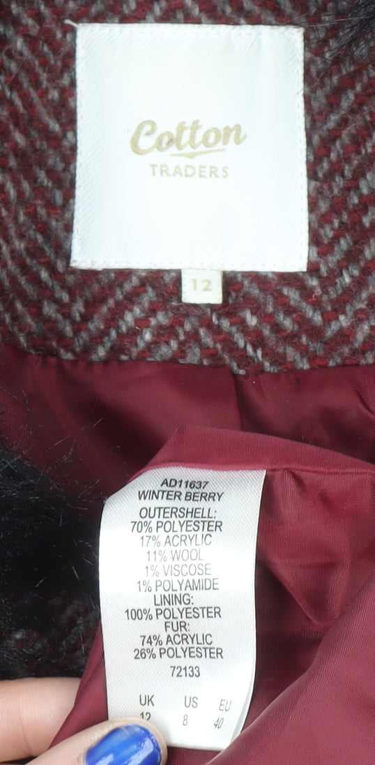 Cotton Traders Women Red Wool Mix Faux Fur Collar Pea Coat Size 12