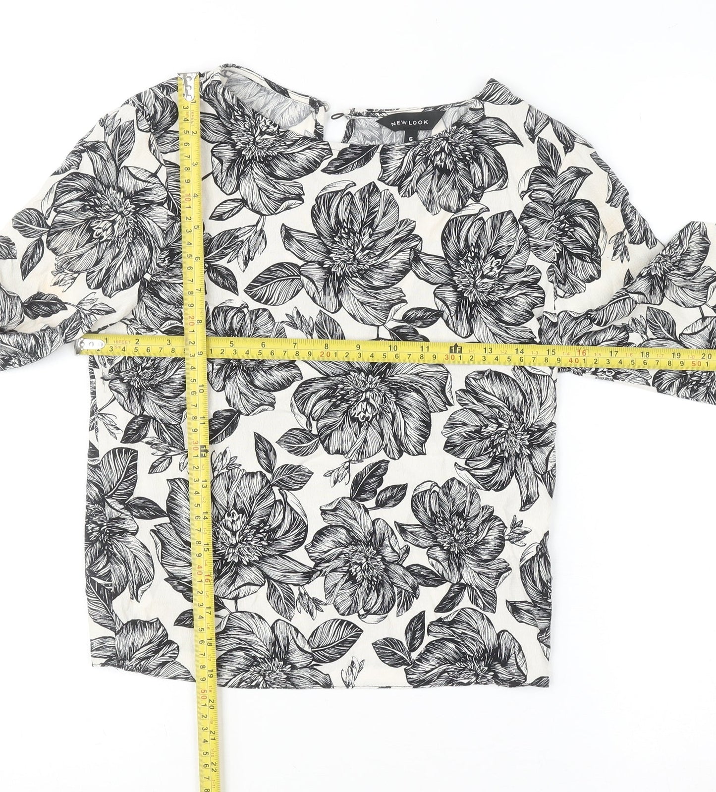 New Look Women's Black Floral Long Sleeve Viscose Tunic Blouse Size 6