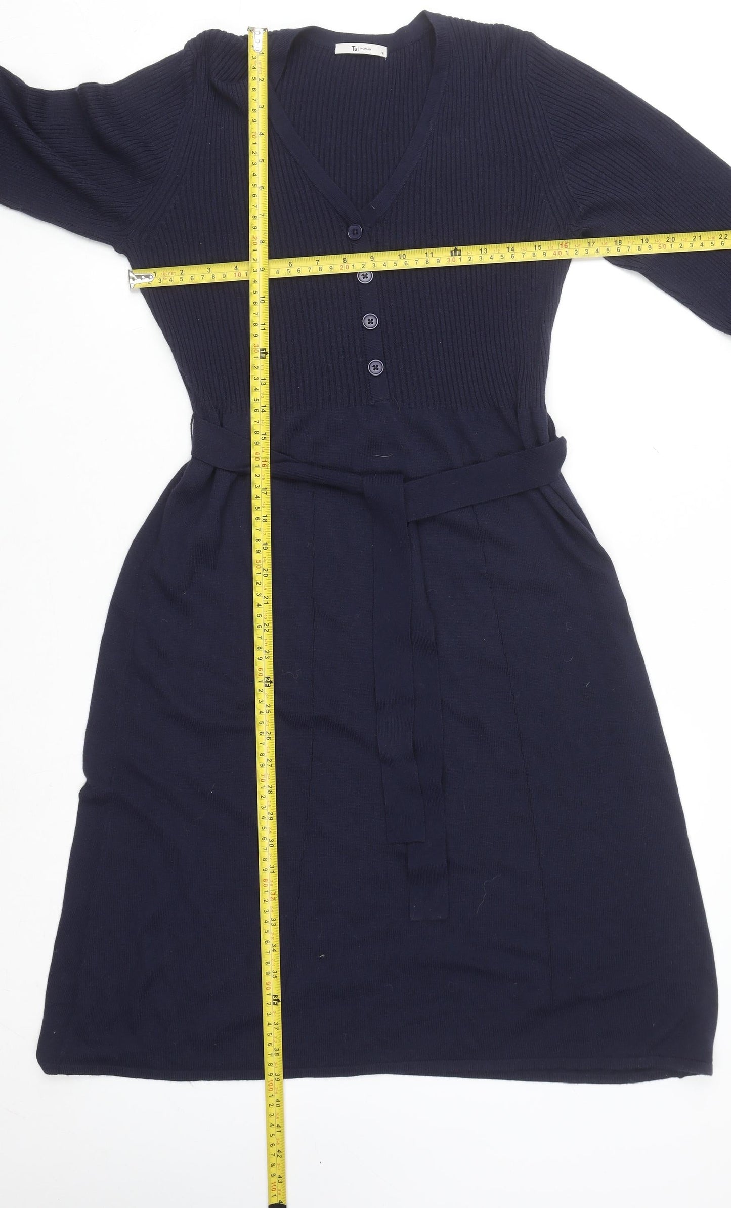 Tu Women Blue Knit Fit & Flare Belted Dress Size 16