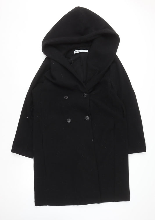 Zara Women Black Wool Blend Hooded Long Coat Size 12