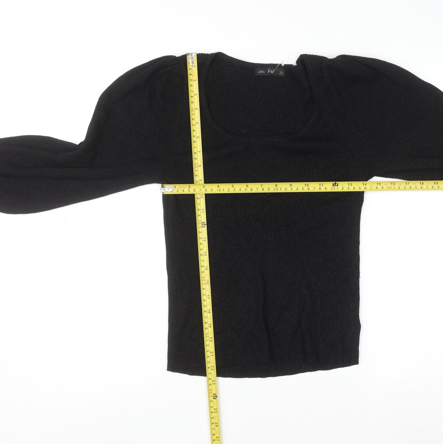 F&F Women’s Black Knit Puff Sleeve Long Sleeve Blouse UK 12
