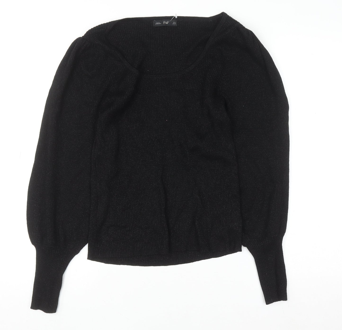 F&F Women’s Black Knit Puff Sleeve Long Sleeve Blouse UK 12