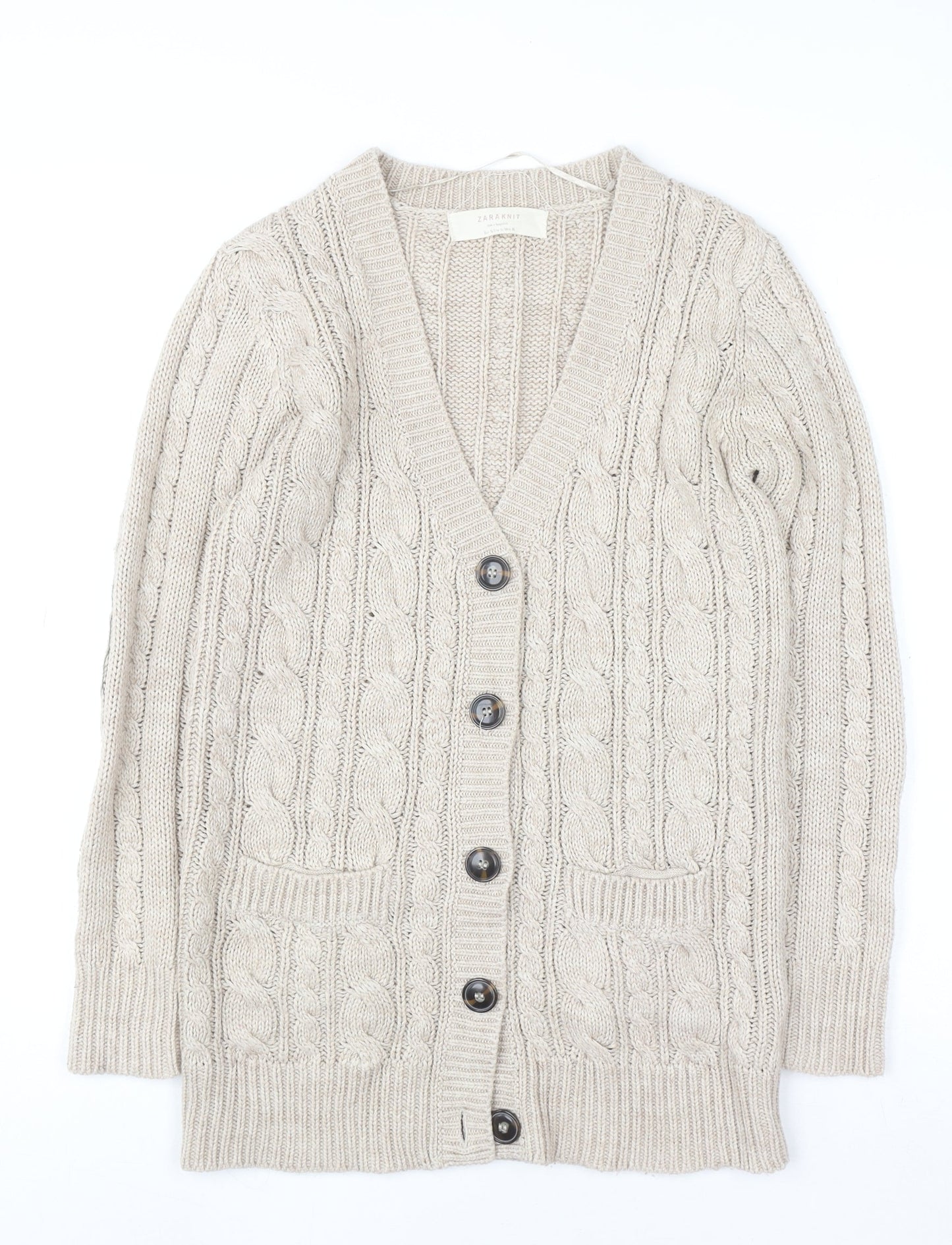 Zara Women Beige Cable Knit Long Sleeve V-Neck Cardigan Size S