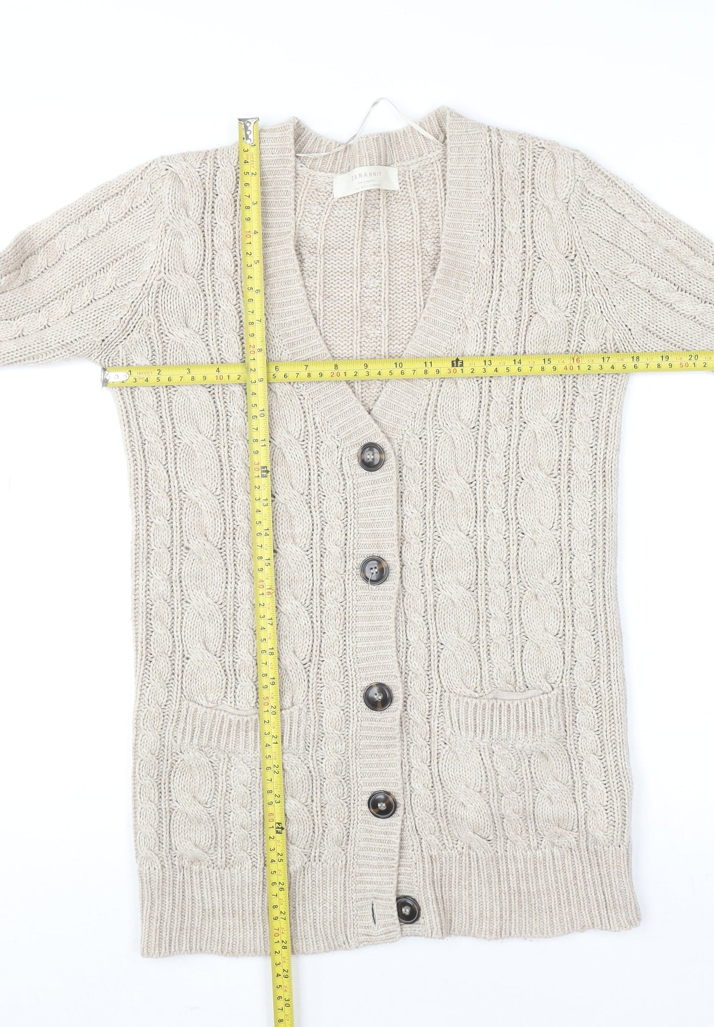 Zara Women Beige Cable Knit Long Sleeve V-Neck Cardigan Size S