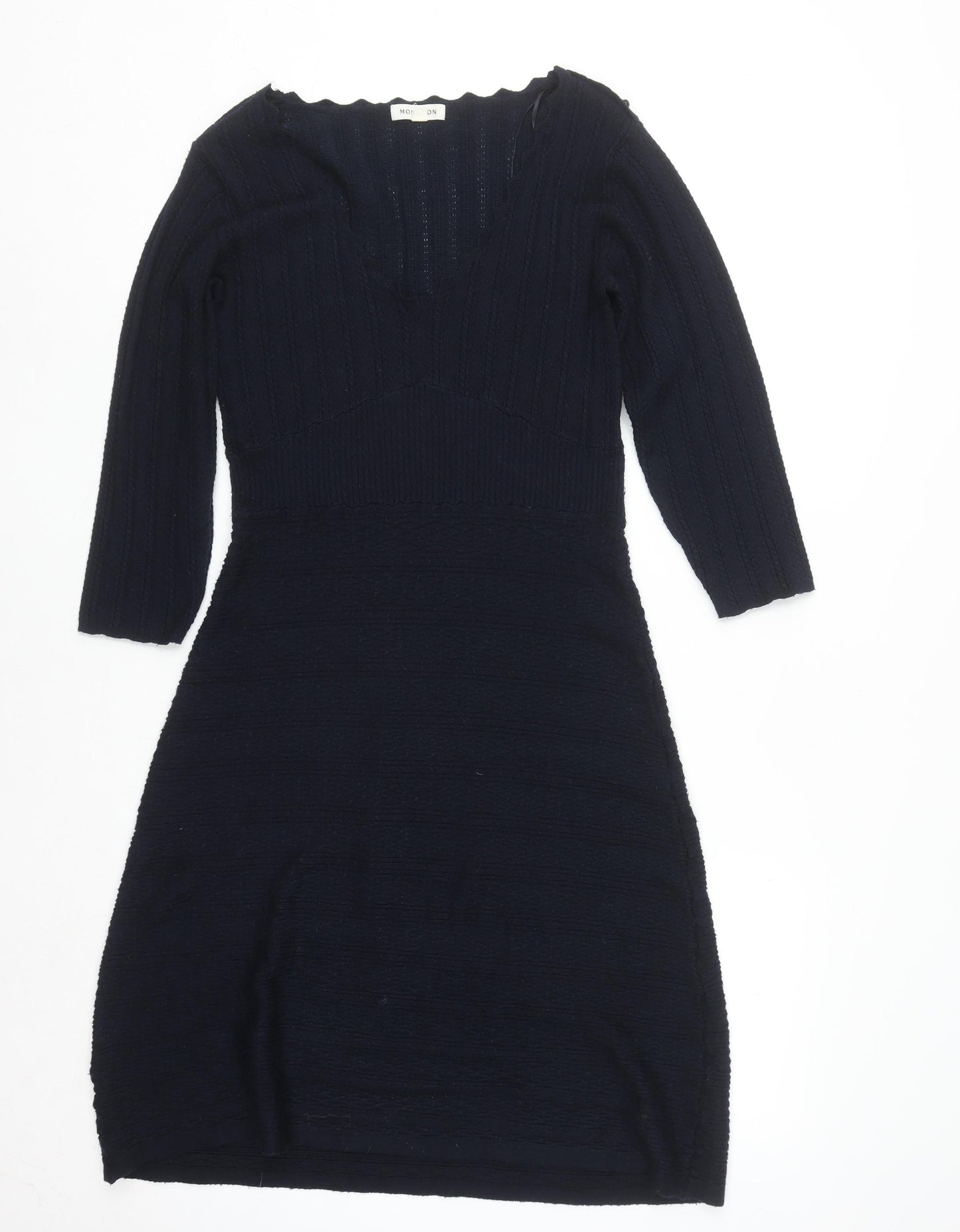 Monsoon Women Black Wool Knit Bodycon Dress Size S V-Neck 3/4 Sleeve