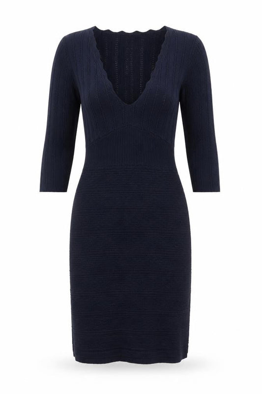Monsoon Women Black Wool Knit Bodycon Dress Size S V-Neck 3/4 Sleeve