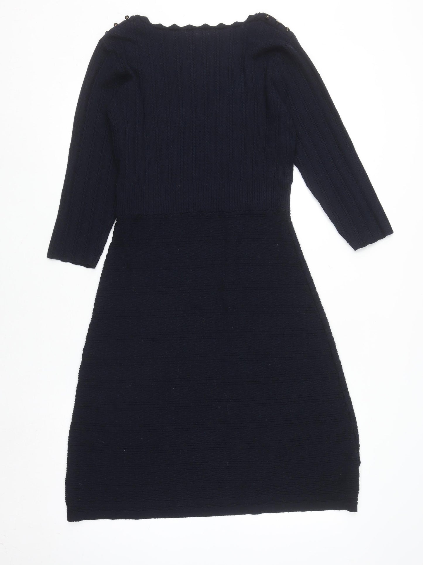 Monsoon Women Black Wool Knit Bodycon Dress Size S V-Neck 3/4 Sleeve