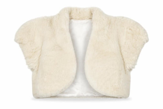 Front view of Monsoon girls’ ivory faux fur cropped bolero jacket 10-12 years partywear