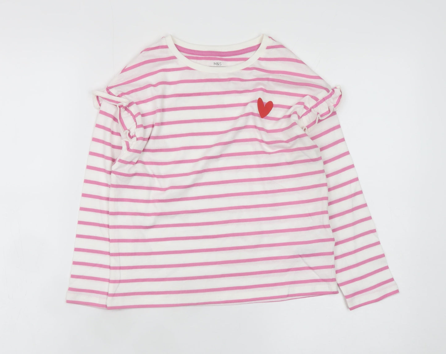 Marks and Spencer Girls Pink Stripe Long Sleeve Ruffle T-Shirt 6-7 Years