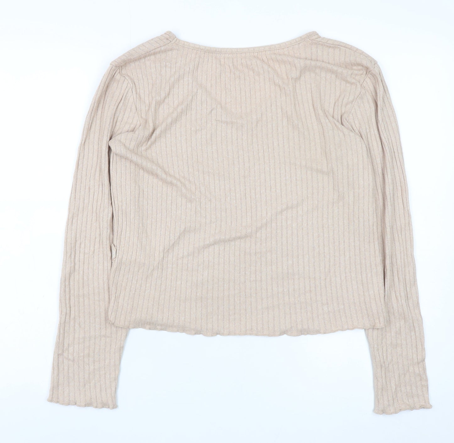 Primark Womens Beige Ribbed V-Neck Long Sleeve Pyjama Top 2XS