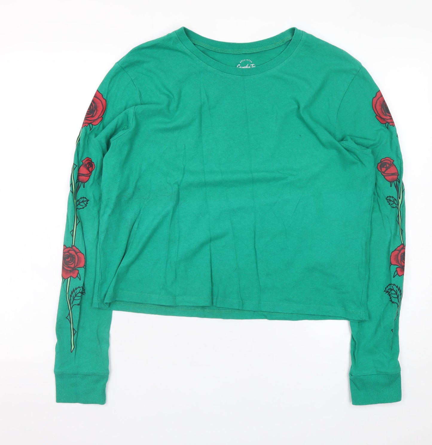 Hollister Women's Green Graphic Long Sleeve Cropped T-Shirt S